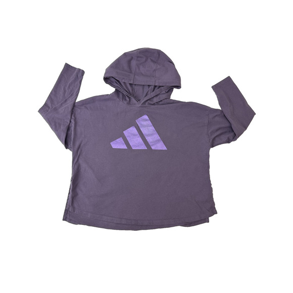 Adidas Cropped Loose Fit Hoodie Purple Athletic Lightweight Logo Girl Small 7/8 - Picture 1 of 7